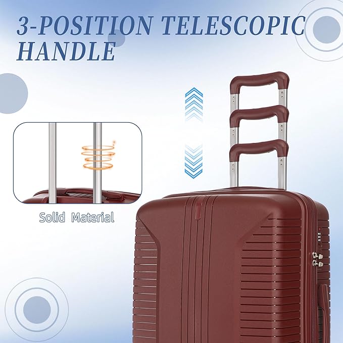 Campfun 3 Piece Luggage Sets, PP Suitcase Set with Double Spinner Wheels Hang Hook, Durable Carry On Luggage with Combination Lock, 20/24/28 inch, Red