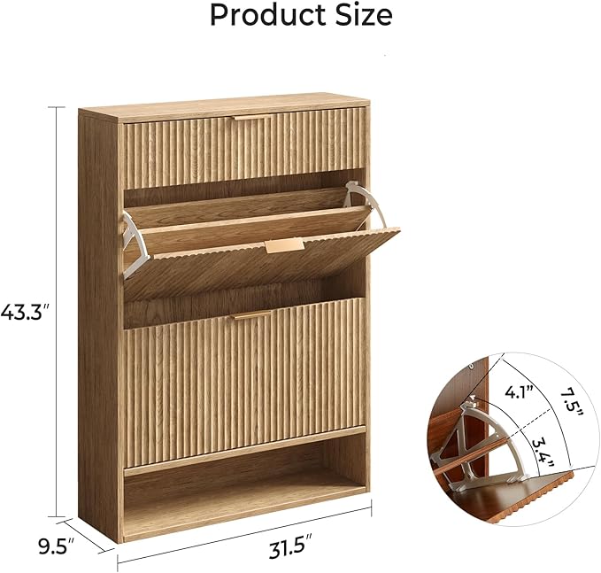 31.5''W Oak Shoe Storage Cabinet for Entryway with Drawers, Fluted Slim Shoe Cabinet with 2 Flip Drawers, Narrow Shoe Dresser Cabinet for Foyer, Hallway