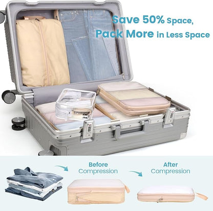 Cambond Mesh Compression Packing Cubes - 6 Set See Through Clear Packing Cubes with Shoe Toiletry Bag for Travel Suitcase, Expandable Travel Cubes for Suitcase Organizer Bags Set, Khaki