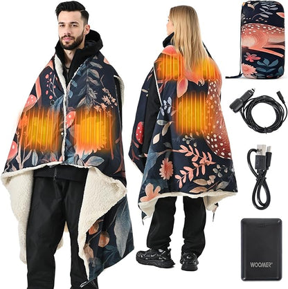 WOOMER Wearable Heated Blanket Battery Operated 50x70 Inches, 15000mAh Cordless Rechargeable Electric Throw Blanket with 3 Heat Settings, Waterproof Portable Heating Blanket for Outdoor Camping Travel