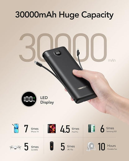 Power Bank 30000mAh, VEEKTOMX 22.5W Fast Charging Portable Charger built in cables, USB C Battery Pack, External Travel Battery Bank Compatible with iPhone, Samsung, Android Devices for Travel(1 Pack)