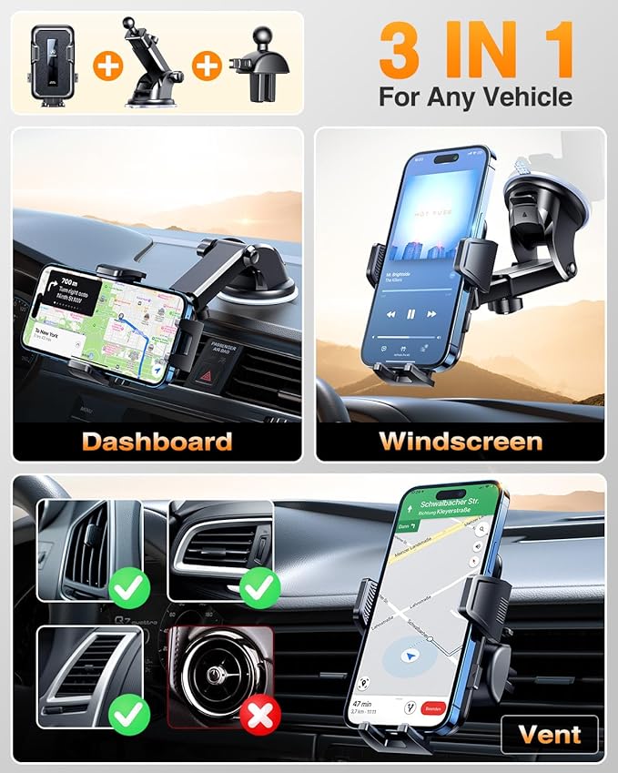 VANMASS 【85+LBS Strongest Suction & Military-Grade Ultimate Car Mount【Patent & Safety Certs】 Cell Phone Holder Truck Stand for GPS Vehicle Dashboard Windshield Vent for iPhone Samsung, Clear Black
