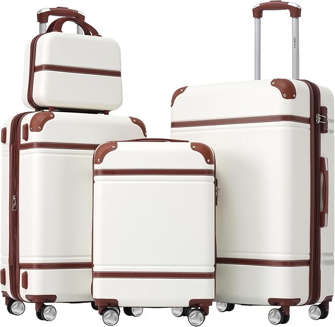 Merax Luggage Set, 3 Piece Luggage with Cosmetic Case, Vintage Hardcase Suitcase with Wheels, Expandable Luggage Airline Approved(White,20"+24"+28")