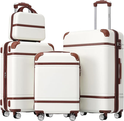 Merax Luggage Set, 3 Piece Luggage with Cosmetic Case, Vintage Hardcase Suitcase with Wheels, Expandable Luggage Airline Approved(White,20"+24"+28")