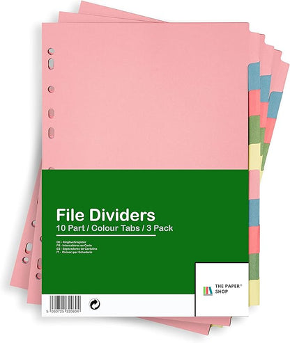 [3 Pack] Binder Dividers with Tabs A4 10 Part | DIviders for 3 Ring Binder | Perfect for Organizing Pages in 3 Ring Binder Dividers with tabs, Each Set Includes Tab Dividers - The Paper Shop