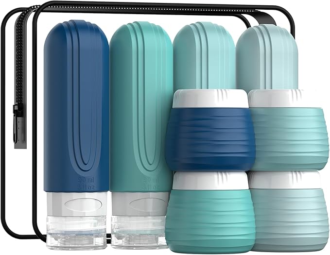 Travel Bottles for Toiletries 8 Pack, TSA Approved Travel Size Toiletries Containers Set, 4 Silicone Leak Proof Refillable Bottles and 4 Creams Jars Accessories Kit W/Clear Bag (GREEN)