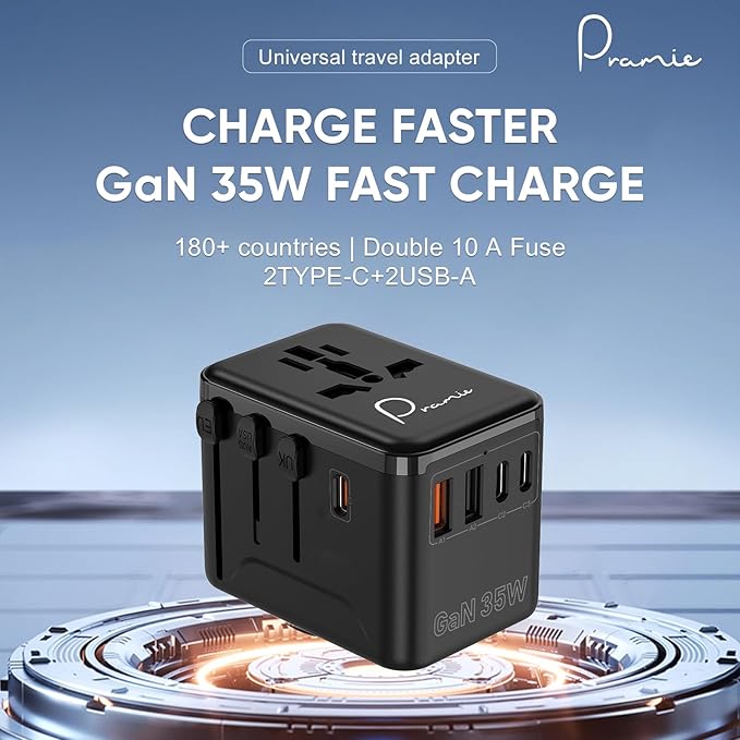 Universal Travel Adapter, GaN 35W International Plug Adapter with 2 Type C & 2 USB and 1 Quick Charging Port Type C, All in One Worldwide Travel Plug Adapter, Available Plugs for EU/UK/AUS/US, Black