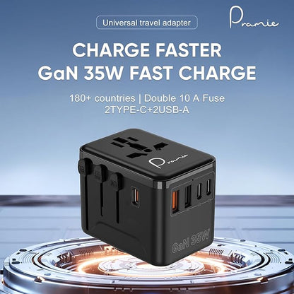 Universal Travel Adapter, GaN 35W International Plug Adapter with 2 Type C & 2 USB and 1 Quick Charging Port Type C, All in One Worldwide Travel Plug Adapter, Available Plugs for EU/UK/AUS/US, Black