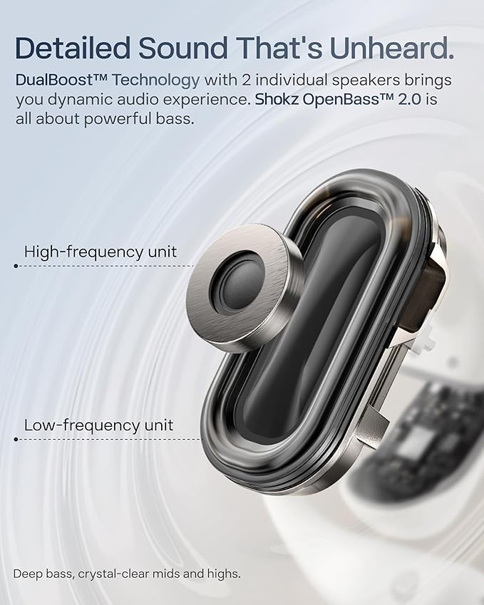 SHOKZ New OpenFit 2+ Open-Ear Headphones, Dolby Audio Enabled, Comfortable Earbuds with Soft Ear Hooks, 48H Playtime, IP55 Water-Resistant, USB-C Fast Charging, Wireless Charging, Carrying Bag, Grey