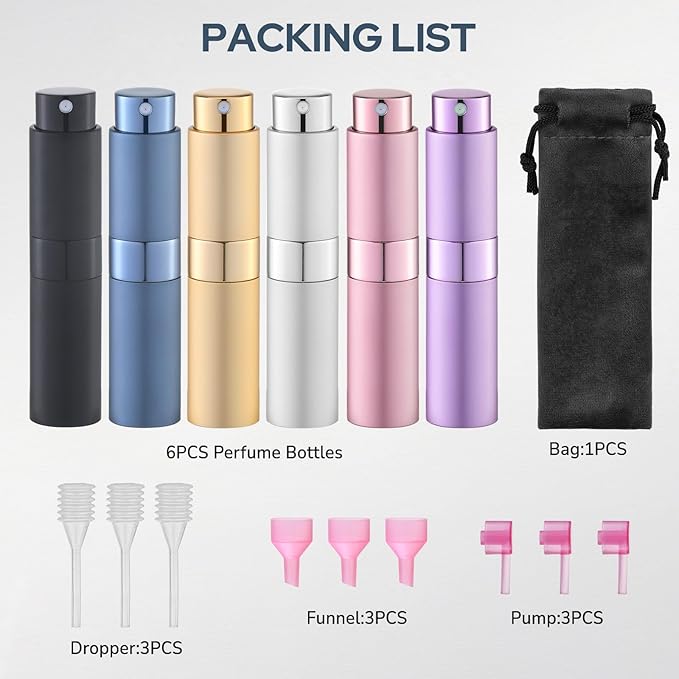 Travel Perfume Bottle Refillable - Cologne Spray Atomizer Mini - Small Travel Size Empty Sprayer for Refill Sample Container - Portable Fragrance Decant Dispenser for Women Men 8ml 6PCS Gold