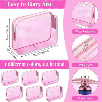 Cunno 60 Pcs Clear Toiletry Bag TSA Approved Cosmetic Bag Bulk Makeup Bag Travel Carry Airport Airline Compliant Bag for Women Men Summer Vacation Salon Mother Gift(Fluorescent Pink)