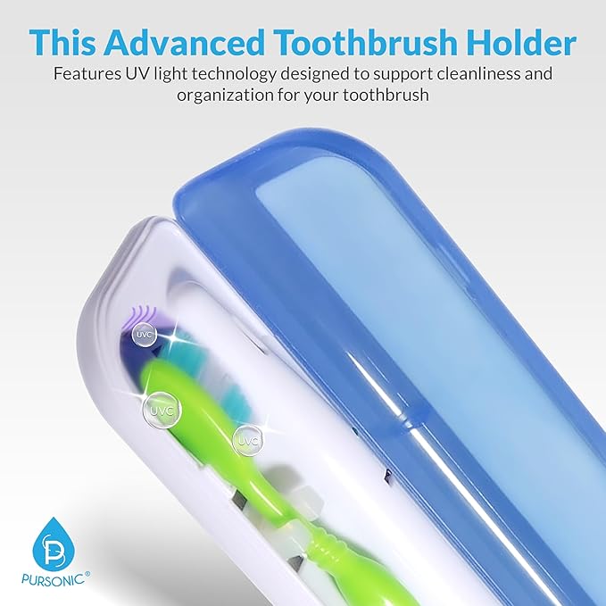 Pursonic Portable UV Toothbrush Sanitizer Case - Travel Toothbrush Sanitizer and Holder - For Electric and Manual Brush Heads with UV Light & Auto Shut Off Timer
