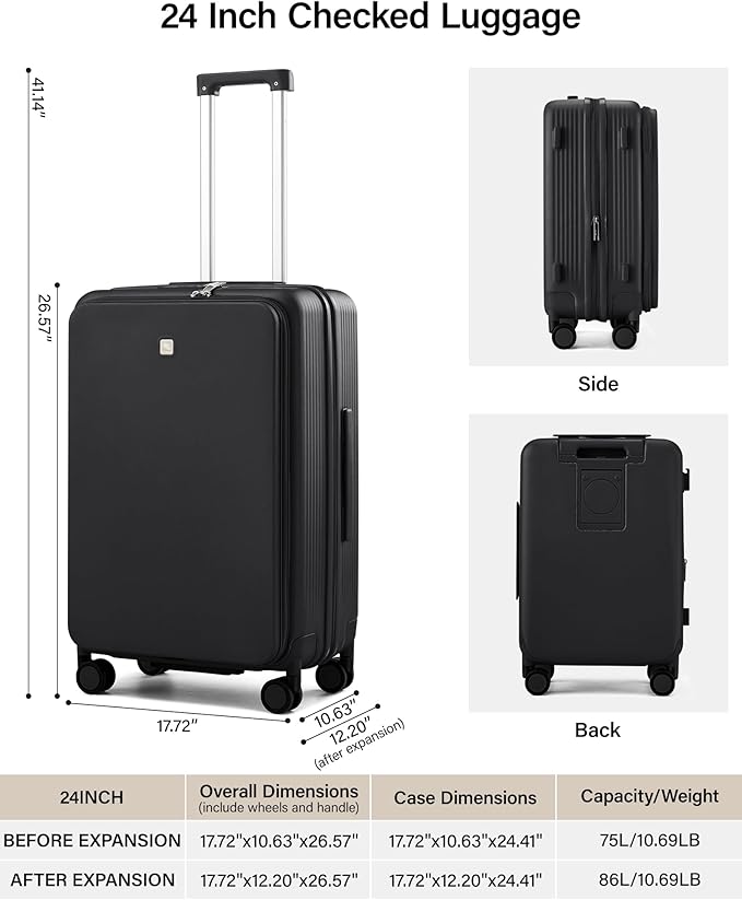 Hanke 24Inch Expandable Luggage Top Opening Medium Checked Luggage Hard Shell Suitcases with Wheels Travel Luggage Rolling Suitcase with Cup Holder(Jet Black)