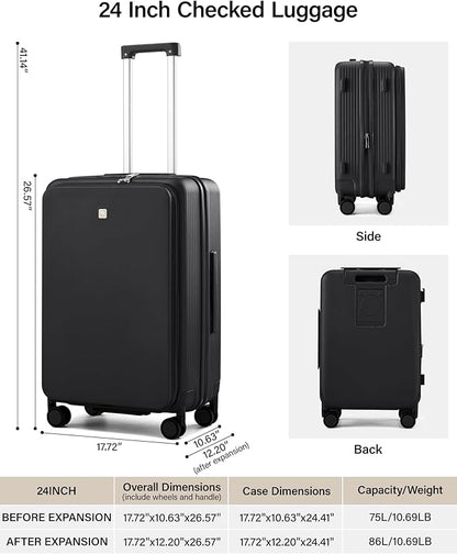 Hanke 24Inch Expandable Luggage Top Opening Medium Checked Luggage Hard Shell Suitcases with Wheels Travel Luggage Rolling Suitcase with Cup Holder(Jet Black)