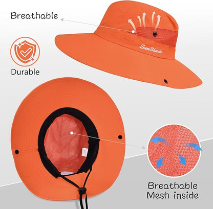 ZOORON Women's Ponytail Safari Sun Hat,Wide Brim UV Protection Outdoor Bucket Hat,Foldable Beach Summer Fishing Hat