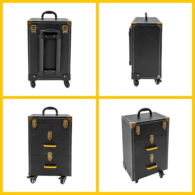Rolling Makeup Case w/ 2 Keys, 3-tier Lockable Makeup Train Case w/ Drawers, Removable Baffle Nail Polish Organizer, Travel Cosmetic Case w/ 17.7in Telescopic Rod, 14.2*9*19.3in, Bronze Latch+Black