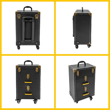 Rolling Makeup Case w/ 2 Keys, 3-tier Lockable Makeup Train Case w/ Drawers, Removable Baffle Nail Polish Organizer, Travel Cosmetic Case w/ 17.7in Telescopic Rod, 14.2*9*19.3in, Bronze Latch+Black