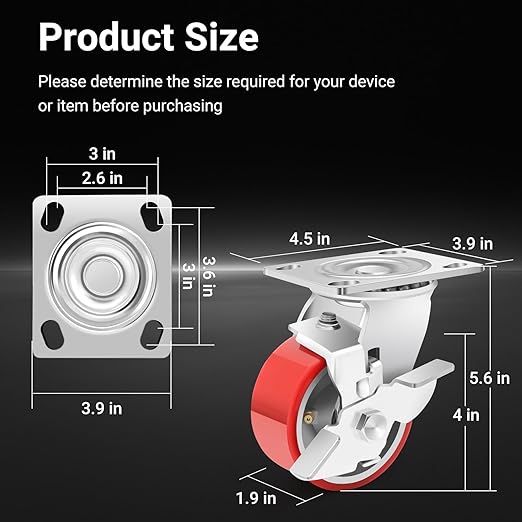 Nefish 4 Inch Industrial Grade Casters Wheels, Heavy Duty Aluminum Core PU Castor Set of 4, Durable Plate Swivel Casters with Brake 3200 LBS, Anti-Corrosion Wheels for Industrial, Machine