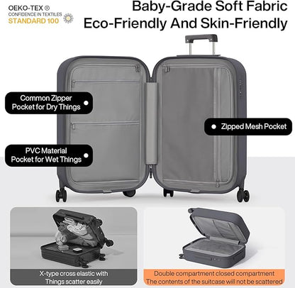 mixi Carry On Luggage with Cup Phone Holder Hard Shell Rolling Travel Suitcase with Spinner Wheels,20 Inch Rock Grey