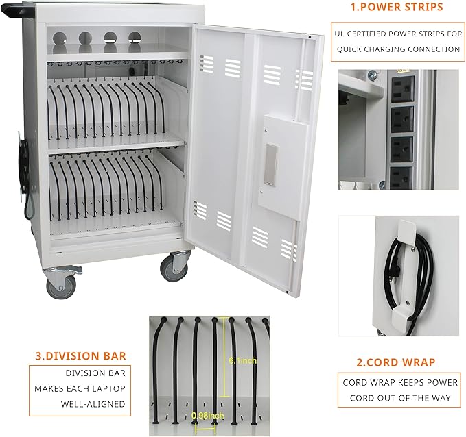 32 Device Mobile Charging Cart with Password Lock, Mobile Ipad Cart for iPads, Chromebooks and Laptop Computers, Locking Charging Station with Lock & Key for The Front Back Door, Surge Protection