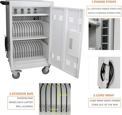 32 Device Mobile Charging Cart with Password Lock, Mobile Ipad Cart for iPads, Chromebooks and Laptop Computers, Locking Charging Station with Lock & Key for The Front Back Door, Surge Protection