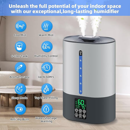 6L Humidifiers for Bedroom Large Room Home,Cool and Warm Humidifier for Baby and Plants Mist Top Fill Desk Humidifiers Essential Oil Diffuser, Quiet with Adjustable Mist,360°Nozzle-Grey