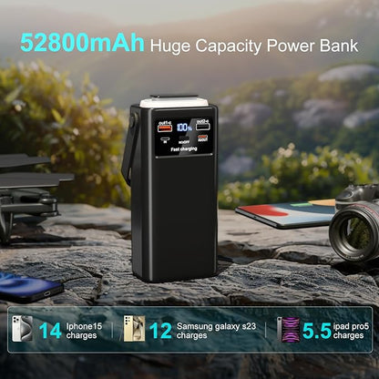 Power Bank 52800mAh PD 35W High Capacity Battery Pack with Built-in 4 Cables & LED Flashlight - 8 Port Portable Charger for Travel, Outdoor, and Multiple Device Charging