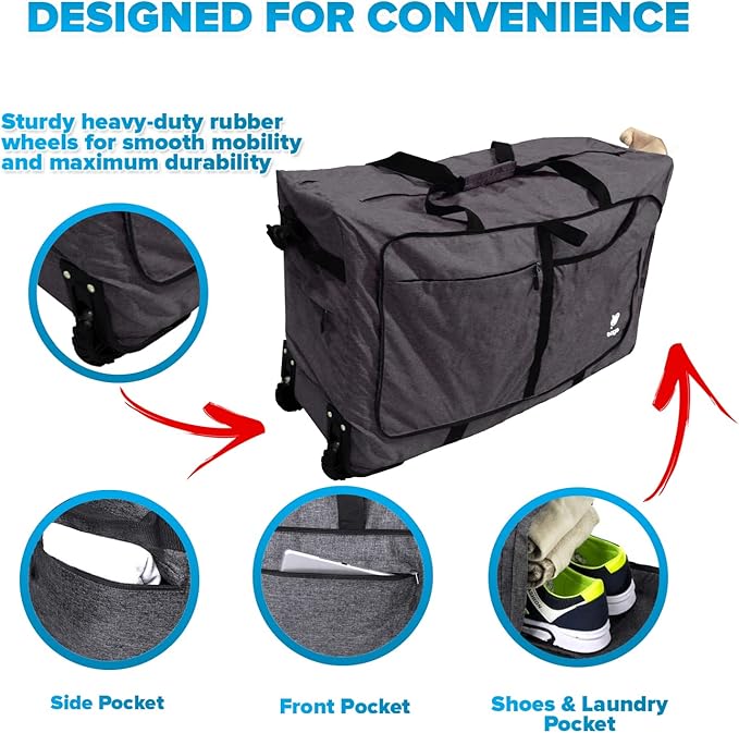 Bago Rolling Duffle Bag with Wheels - 27" 80L Foldable Weekender Bag, Waterproof Travel Duffel Bag, Heavy Duty Lightweight Duffle Bag for Traveling, Rolling Duffel Bag with Wheels (SnowBlack2023)