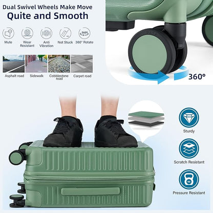 Hard Shell Suitcases Travel Expandable Luggage, 24 Inch Check in Luggage with Spinner Wheels Cup Holder Charger Built in, Checked Medium Suitcase Lightweight Suitcases, Forest Green