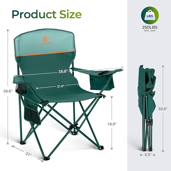 ALPHA CAMP Folding Camping Chairs for Adults Lawn Chairs Outdoor Chairs Support 250 LBS Portable Camp Chairs with Cup Holders Cooler Pouch for Outdoor, 2 Pack