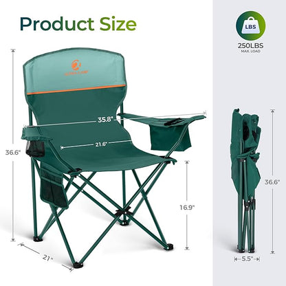 ALPHA CAMP Folding Camping Chairs for Adults Lawn Chairs Outdoor Chairs Support 250 LBS Portable Camp Chairs with Cup Holders Cooler Pouch for Outdoor, 2 Pack