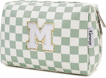 Narwey Birthday Gifts for Women Girls, Initial Makeup Bag for Bridesmaid Teacher Sister Friend Daughter Graduation Gifts, Personalized Monogram Cosmetic Toiletry Bag, Teen Girls Trendy Stuff (Green M)