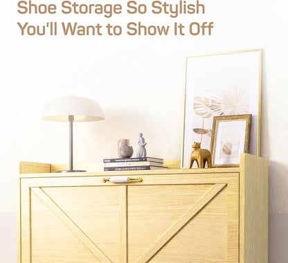 Shoe Storage Cabinet for Entryway with 2 Flip Drawers, Narrow Metal Shoe Cabinet with Anti-Tip, Holds 12-16 Pairs, Freestanding Shoes Cabinets Storage for Entryway, Foyer, Hallway