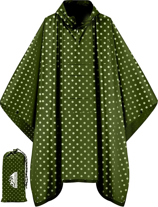 Bruvoalon 3-in-1 Rain Poncho with 1/4 Zip & Chest Pocket, Waterproof, Sunshade, Ground Mat for Adults & Youth Emergency