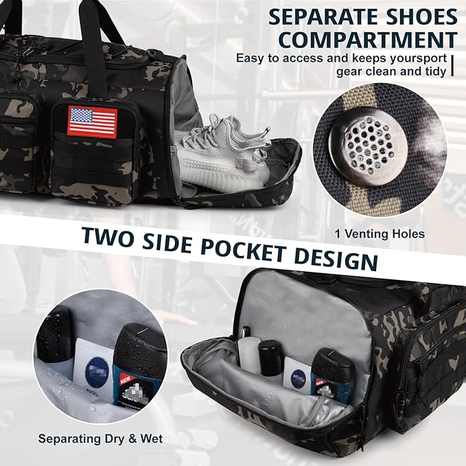 Tactical Gym Bag for Men，70L Large 3 in 1 Sports Duffle Bag with Shoes Compartment for Travel,Water Resistant Travel Backpack Weekender Overnight Bag with Wet Pocket for Women