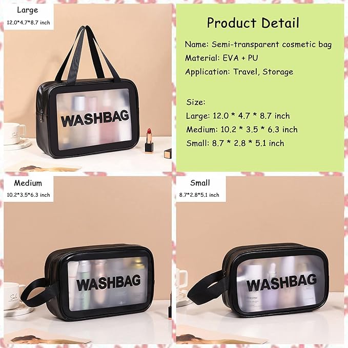 Clear Travel Bags for Toiletries, 3Pcs Portable PVC Waterproof Cosmetic Bags, Transparent Travel Storage Carry Pouch, Toiletry Bags and Cosmetics Organizer for Women Men (Black)