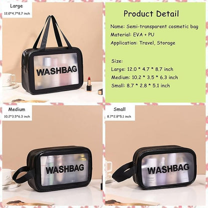 Clear Travel Bags for Toiletries, 3Pcs Portable PVC Waterproof Cosmetic Bags, Transparent Travel Storage Carry Pouch, Toiletry Bags and Cosmetics Organizer for Women Men (Black)