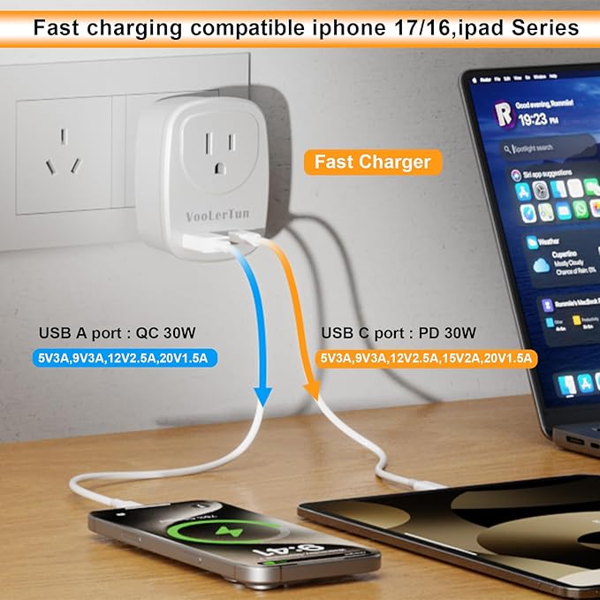 Type I Plug Adapter, VooLerTun Australia Travel Adapter with 30W Fast Charge Power Adapter Dual Ports compatiblecell Phone Camera, 1 American Outlet Adapter, US Converter for New Zealand Travel