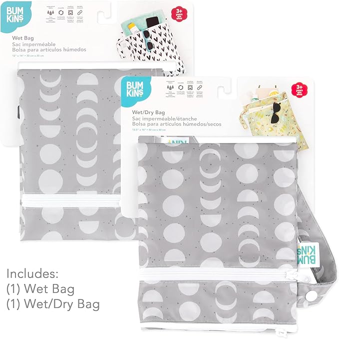 Bumkins - Waterproof Wet and Wetdry Bags - For Beach, Baby, Travel, Swim Suit, Cloth Diapers, Pump Parts, Pool, Gym, Toiletries - Reusable & Easy to Clean - Lunar Gray - 2 Pack