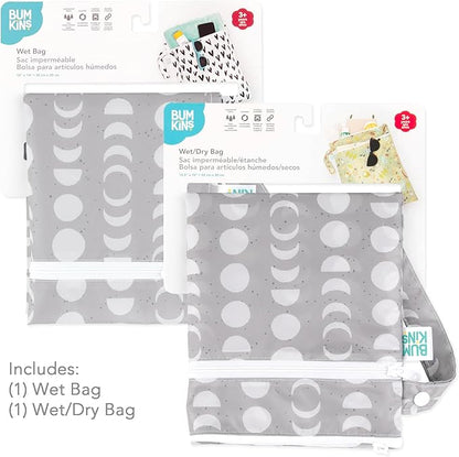 Bumkins - Waterproof Wet and Wetdry Bags - For Beach, Baby, Travel, Swim Suit, Cloth Diapers, Pump Parts, Pool, Gym, Toiletries - Reusable & Easy to Clean - Lunar Gray - 2 Pack