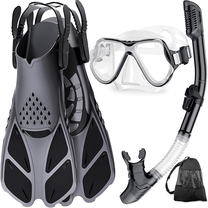 Zenoplige Mask Fins Snorkel Set, Snorkeling Gear for Adults, Panoramic View Snorkel Mask Anti-Fog, Adjustable Dive Flippers, Dry Top Snorkel and Travel Bag, Scuba Gear for Swimming Snorkeling Diving