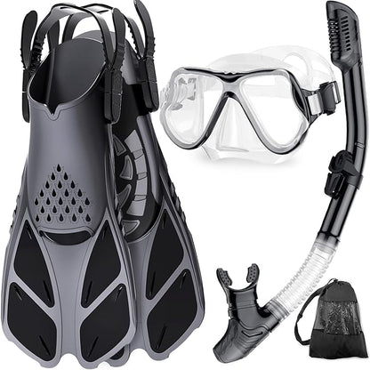 Zenoplige Mask Fins Snorkel Set, Snorkeling Gear for Adults, Panoramic View Snorkel Mask Anti-Fog, Adjustable Dive Flippers, Dry Top Snorkel and Travel Bag, Scuba Gear for Swimming Snorkeling Diving