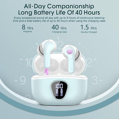 Wireless Earbuds, Bluetooth 5.4 Headphones HiFi Stereo, Bluetooth Earbuds with ENC Noise Cancelling Mic, IP7 Waterproof in Ear Earphones, 48H, LED Display Ear buds for Pad Phones Workout Sports, Azure