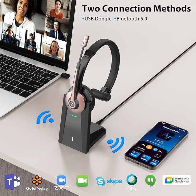 Wireless Headset with Mic for Work, Wireless Headset with Microphone (Noise Cancelling & Mute Button, USB Dongle & Charging Base), Bluetooth Headphones for Home/Office/Computer/Laptop/Phone/Teams/Zoom
