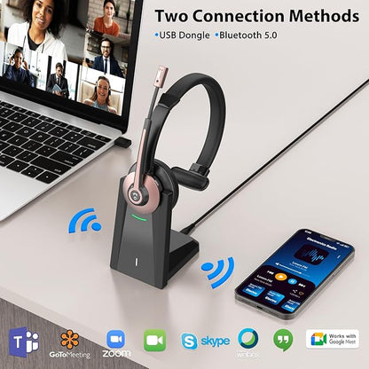 Wireless Headset with Mic for Work, Wireless Headset with Microphone (Noise Cancelling & Mute Button, USB Dongle & Charging Base), Bluetooth Headphones for Home/Office/Computer/Laptop/Phone/Teams/Zoom
