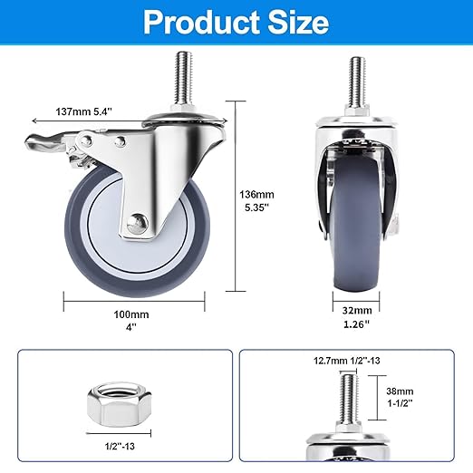 4 inch Stainless Steel Caster Wheels Heavy Duty, 1/2"-13x1-1/2 Threaded Stem Casters with Brake, Rust Resistant, Non-Marking TPR Rubber Wheels for Hospital, Lab,Furniture,Restaurant