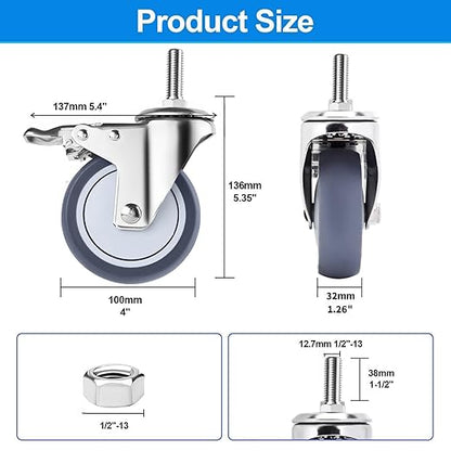 4 inch Stainless Steel Caster Wheels Heavy Duty, 1/2"-13x1-1/2 Threaded Stem Casters with Brake, Rust Resistant, Non-Marking TPR Rubber Wheels for Hospital, Lab,Furniture,Restaurant