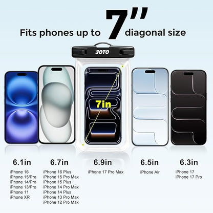 JOTO 2 Pack Universal Waterproof Phone Case for iPhone 17 Air 16 15 14 13 12 11 Plus Pro Max, IPX8 Cellphone Dry Bag XR X SE, Galaxy S23 S22 S21 S20+ S20 S10 Plus Note, Pixel up to 7" -Black, Clear