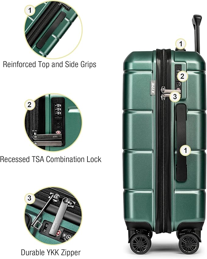 KYME Luggage Sets 3 Piece Hard Shell 22in/26in/30in Suitcases with Wheels Hardside Suitcase Set with TSA Lock Travel Rolling Luggage Set for Women Men Green