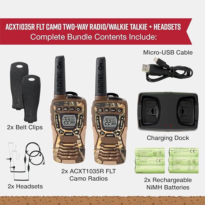 Cobra ACXT1035R FLT CAMO Floating and Waterproof Walkie Talkies for Adults with Compatible Cobra Surveillance Headset: Rechargeable, 22 Channels, Long-Range, 2 Two-Way Radios, 2 Headsets